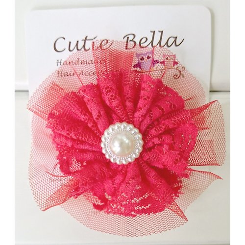 Cutie Bella 美好生活精品館 Cutie Bella 全包布蕾絲珍珠花朵Lace Pearl Flower 髮夾-Red