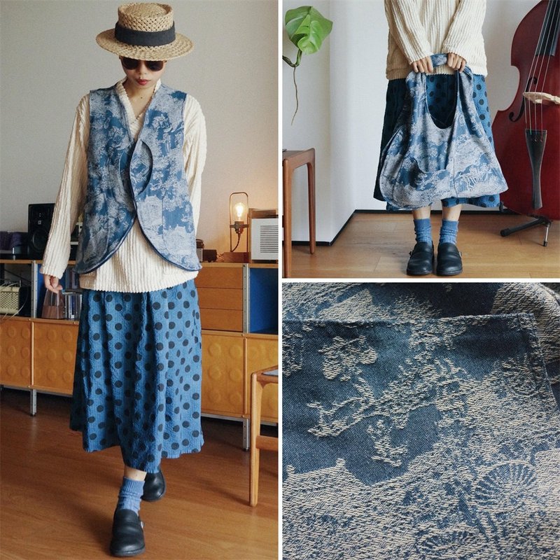 宋人樂活圖 水洗提花牛仔工裝馬甲 中性獵裝 可變成背包 - 背心/無袖上衣 - 棉．麻 藍色