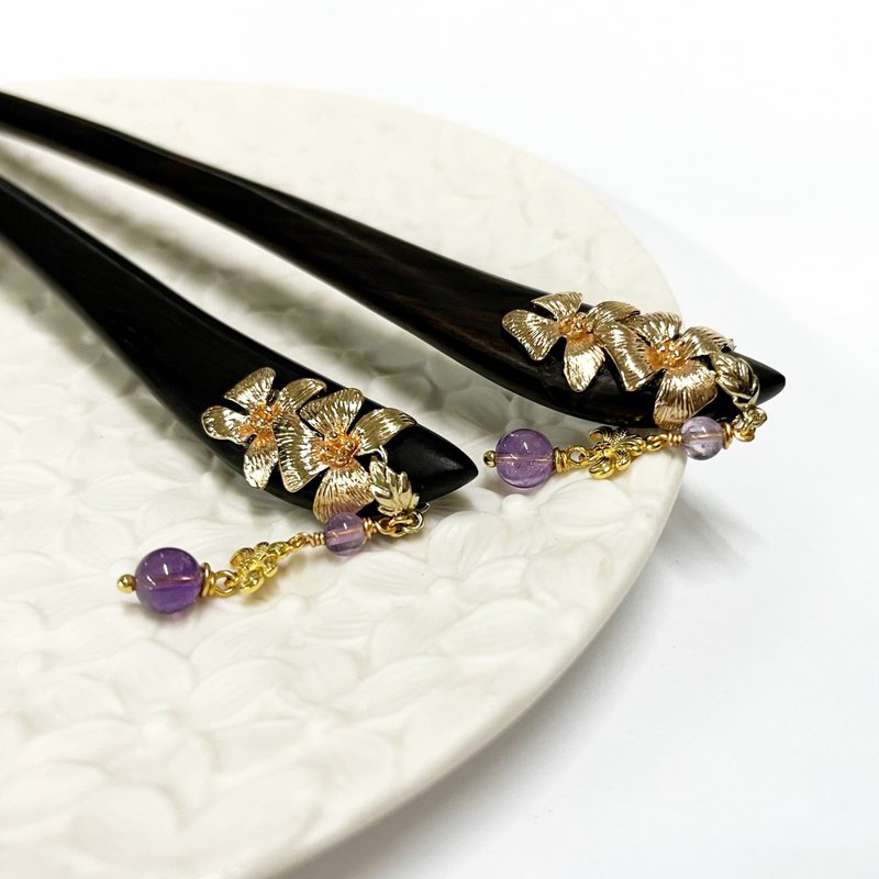 【Ruosang】Hydrangea poem. Natural amethyst. Ebony hairpin. hairpin - เครื่องประดับผม - คริสตัล สีม่วง