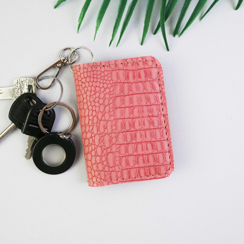 Keychain wallet for women - Credit Card Wallet - Slim Minimalist Wallet - wallet - ที่เก็บนามบัตร - หนังแท้ สึชมพู