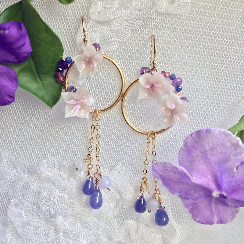 Handmade earrings purple tan spring stone wreath - ต่างหู - เครื่องเพชรพลอย สีม่วง