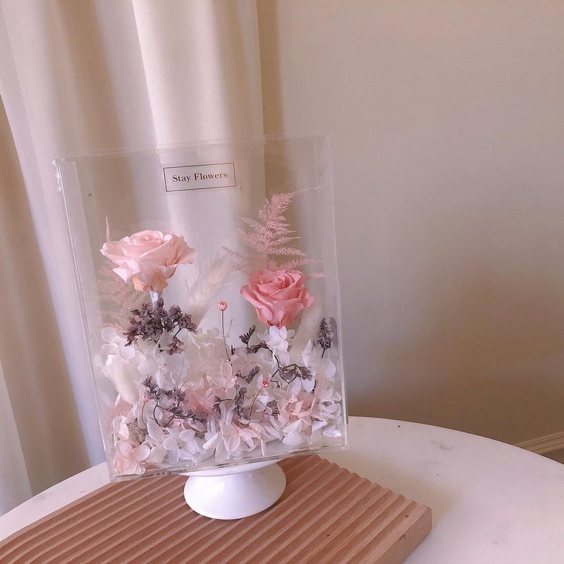 逗留-透明寶盒 永生花 不凋花 相框  情人節禮盒 客製化禮物 開幕 - 花藝/盆栽/植栽 - 植物．花 粉紅色