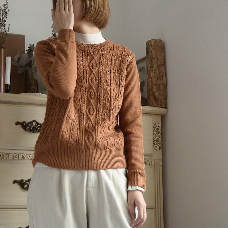 Japanese round neck jacquard sweater - caramel | sweater | autumn and winter models | wool blend | independent brand | Sora-220 - สเวตเตอร์ผู้หญิง - ขนแกะ 