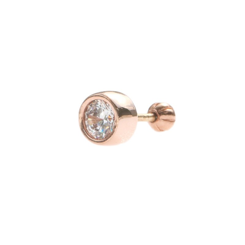 Pure 14K Tint CZ Piercing Bezel Set Round Diamond Lock Bead Earrings (Single) - ต่างหู - เครื่องประดับ สีทอง