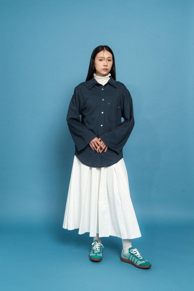格紋棉質襯衫 Grid mid cotton shirt - 女襯衫 - 棉．麻 藍色