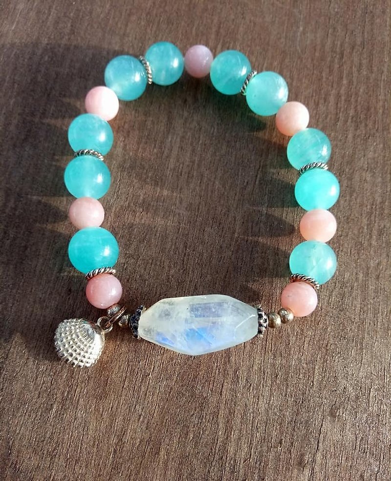 Blue moonstone X pink opal X Tianhe stone sterling silver shell design bracelet - Bracelets - Gemstone 