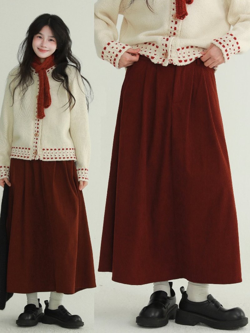 2 colors small button corduroy skirt autumn and winter high waist mid-length A-line skirt pleated umbrella skirt - กระโปรง - ผ้าฝ้าย/ผ้าลินิน สีแดง