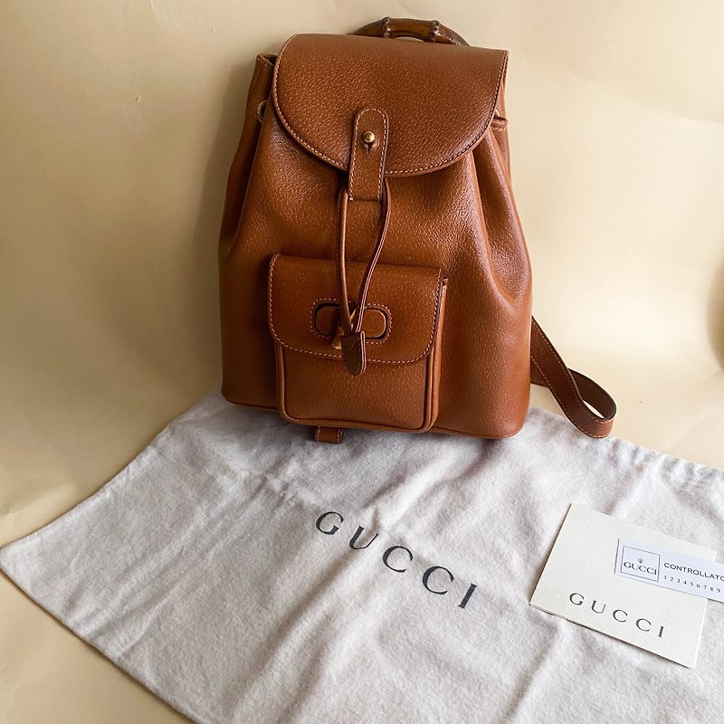 Second-hand Gucci│Backpacks│Vintage Backpacks│Genuine Leather│Made in the United States│Antiques│Girlfriend Gifts - กระเป๋าเป้สะพายหลัง - หนังแท้ สีนำ้ตาล