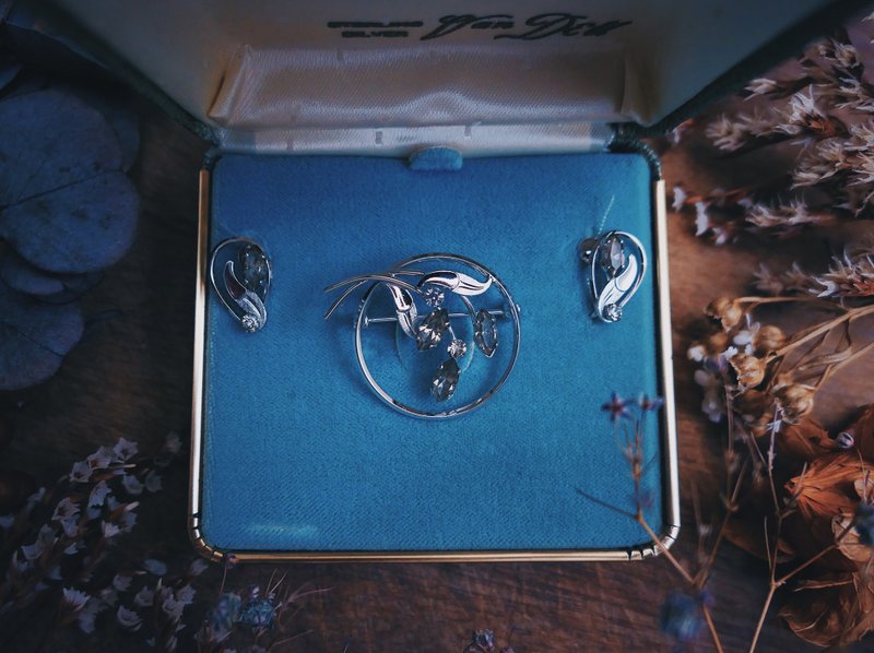 Van Dell 煙燻銀葉套組 胸針耳環－美國古董首飾 Vintage Jewelry - 耳環/耳夾/耳骨夾 - 純銀 