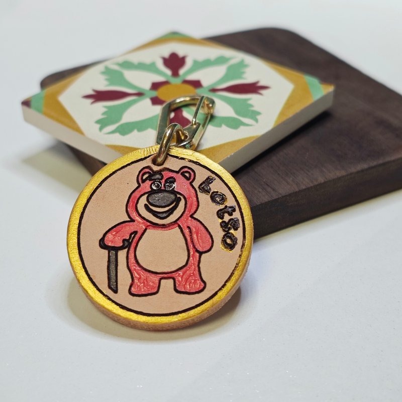 Pink bear hand-painted leather charm key chain - Charms - Genuine Leather Pink