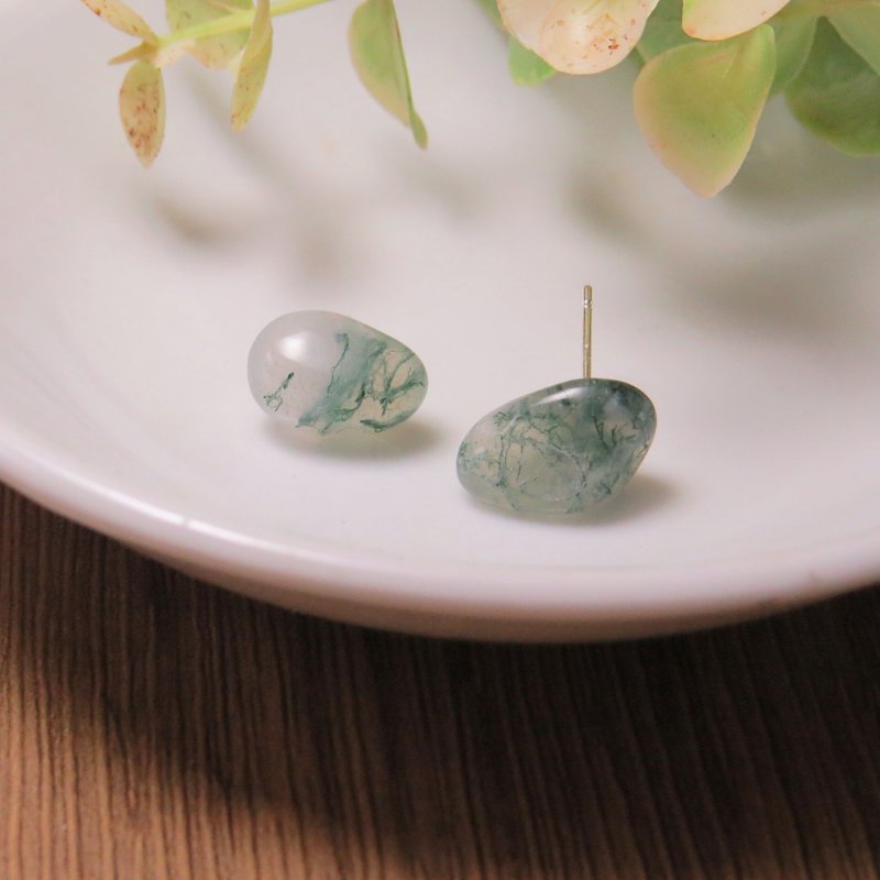 Gemstone Series/ Water Grass Pattern Natural Agate Stud Earrings No. 2 (One Pair) / 925 Silver - ต่างหู - โลหะ สีเงิน