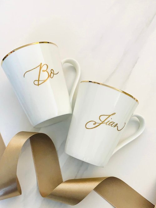 CalligraphicArt 【客制】白瓷金邊 茶杯/咖啡杯 刻名 金字定製 週年生日情侶 禮物