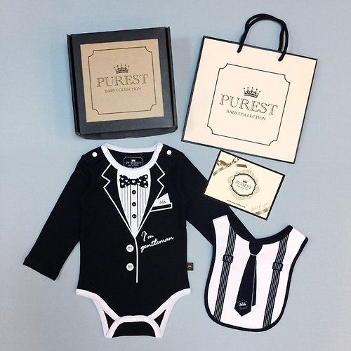 PUREST baby collection PUREST 小紳士 長袖西裝衣+領帶兜 寶寶彌月 嬰兒 新生兒 禮盒組