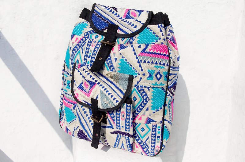 Hand-knitted fabric stitching design backpack / shoulder bag / ethnic backpack / Boho ethnic totem bag-blue mosque contrast geometric ethnic backpack - กระเป๋าเป้สะพายหลัง - ผ้าฝ้าย/ผ้าลินิน หลากหลายสี