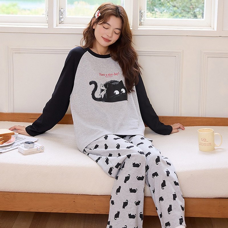 Pink Lady 罩杯式 煤球小貓 長袖成套睡衣 棉質秋冬兩件式居家服 - 睡衣/居家服 - 其他人造纖維 灰色