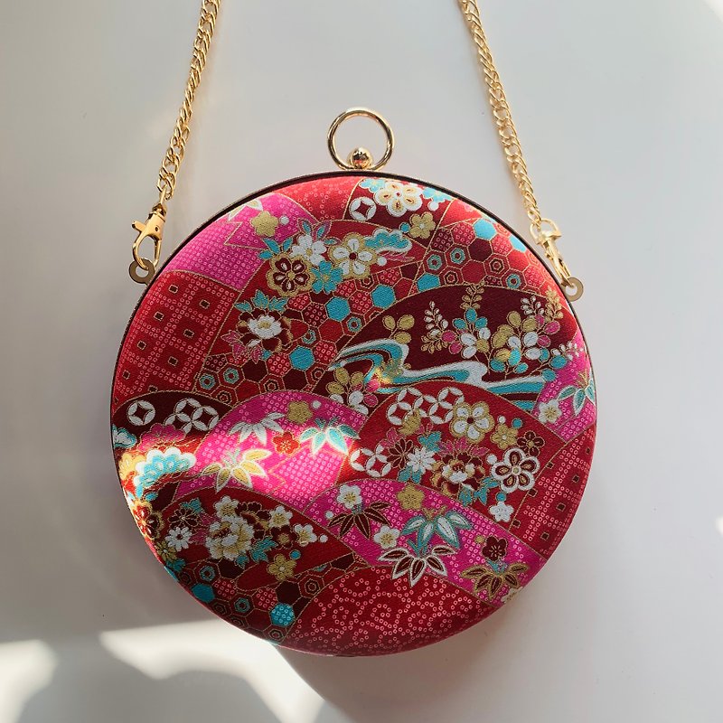 Japanese style brocade small round bag-can be held in hand / cross-back dual-use - Clutch Bags - Cotton & Hemp Red