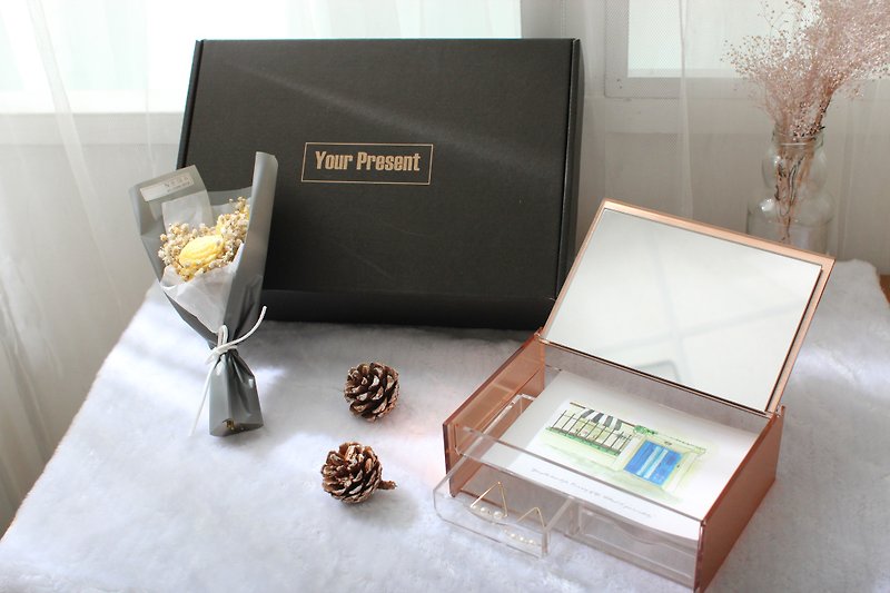 月光寶盒X乾燥花束 告白禮盒黑款 情人禮物 - 收納箱/收納用品 - 壓克力 金色