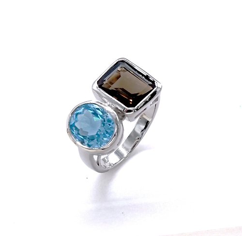 Artisan by N.K. Silver Ring with Blue Topaz and Smoky Quartz