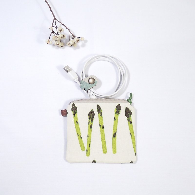 Lila-Biscuit Coin Purse- Branches of Asparagus with Detachable Strap/Two Colors Available - กระเป๋าใส่เหรียญ - ผ้าฝ้าย/ผ้าลินิน สีเขียว