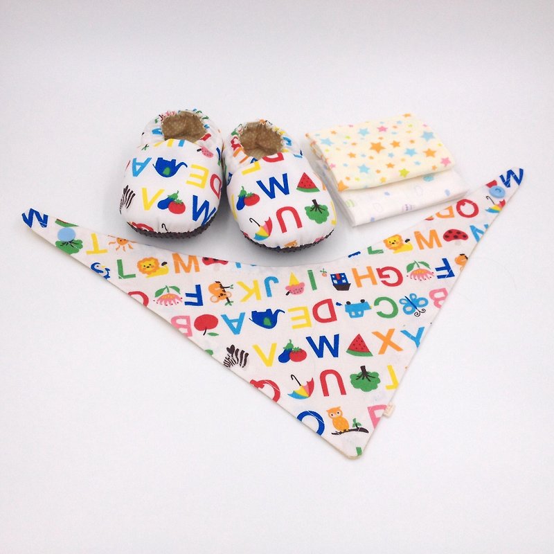 英文字母-彌月寶寶禮盒(學步鞋/寶寶鞋/嬰兒鞋+2手帕+領巾) - 滿月禮物 - 棉．麻 白色