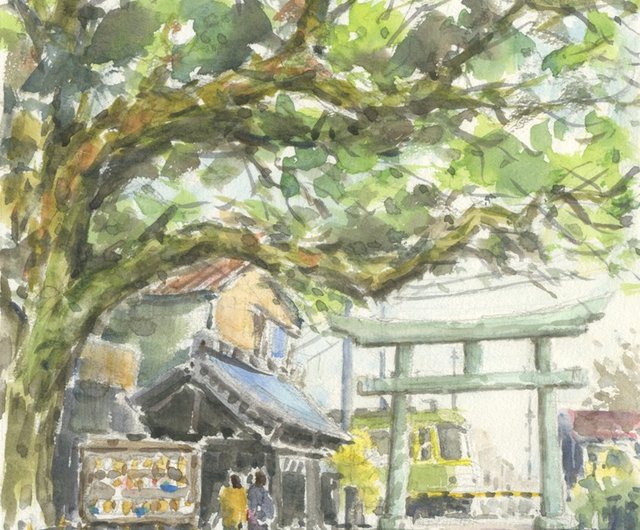 受注制作します 水彩画原画 御霊神社と江ノ電 - ショップ 松下