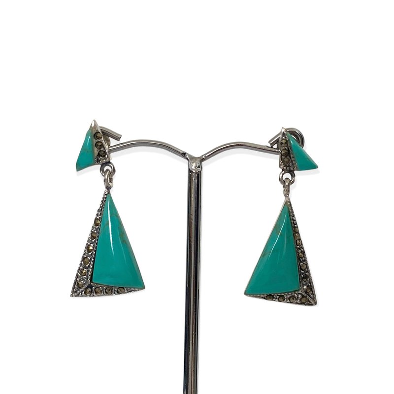 Art Deco Style Triangle Turquoise and Marcasite Earrings/Set 925 Sterling Silver - 耳環/耳夾/耳骨夾 - 純銀 綠色