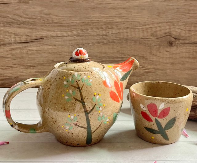 手作り手描き陶器急須 蓋付き 独特絵柄