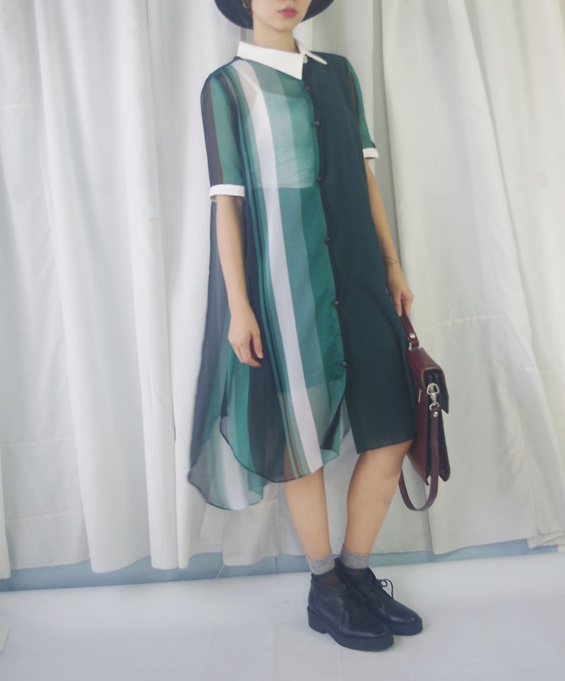Design Handmade - Dark Green Striped Chiffon Transparency White Collar Long Edition Asymmetrical Collar Shirt Dress - ชุดเดรส - ไฟเบอร์อื่นๆ สีเขียว