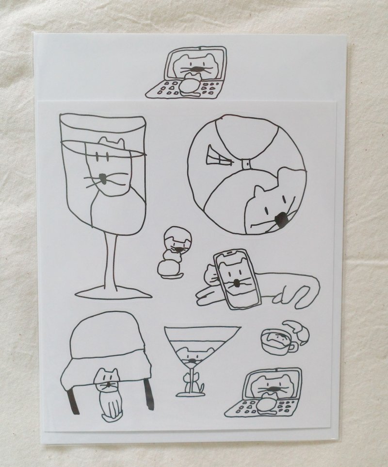 韓國 SUSSTORE - 歪七扭八的貓之二 可重複黏貼霧面貼紙 - 貼紙 - 其他材質 白色