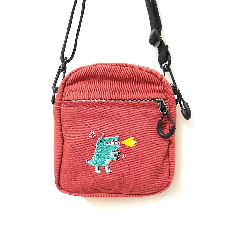 Cat hair original embroidered small canvas cross-body bag (orange) / green dinosaur - Messenger Bags & Sling Bags - Cotton & Hemp Red