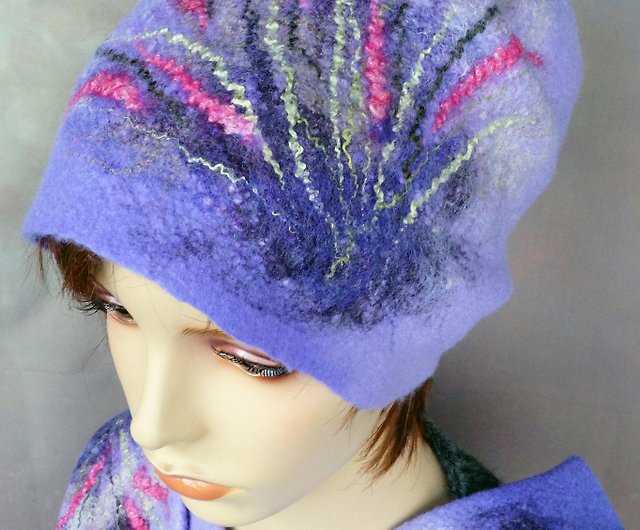 Purple Felt Hat with Feathers & Flowers