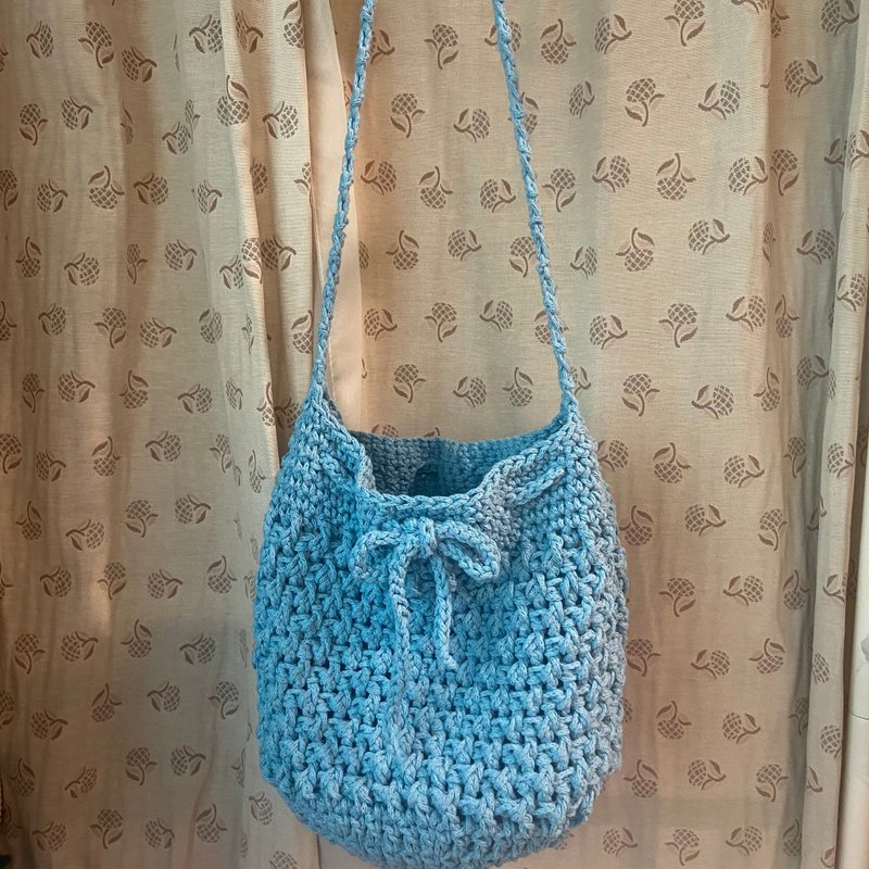 Pure cotton handwoven bag crochet shoulder bag/side backpack/handbag/tote bag Turkish blue - Messenger Bags & Sling Bags - Other Materials Blue