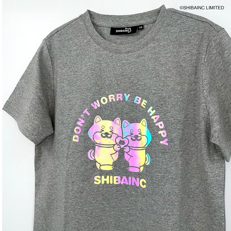 SHIBAINC 柴犬工房 Dont Worry. Be Happy 彩虹反光印花T - 帽T/大學T - 棉．麻 灰色