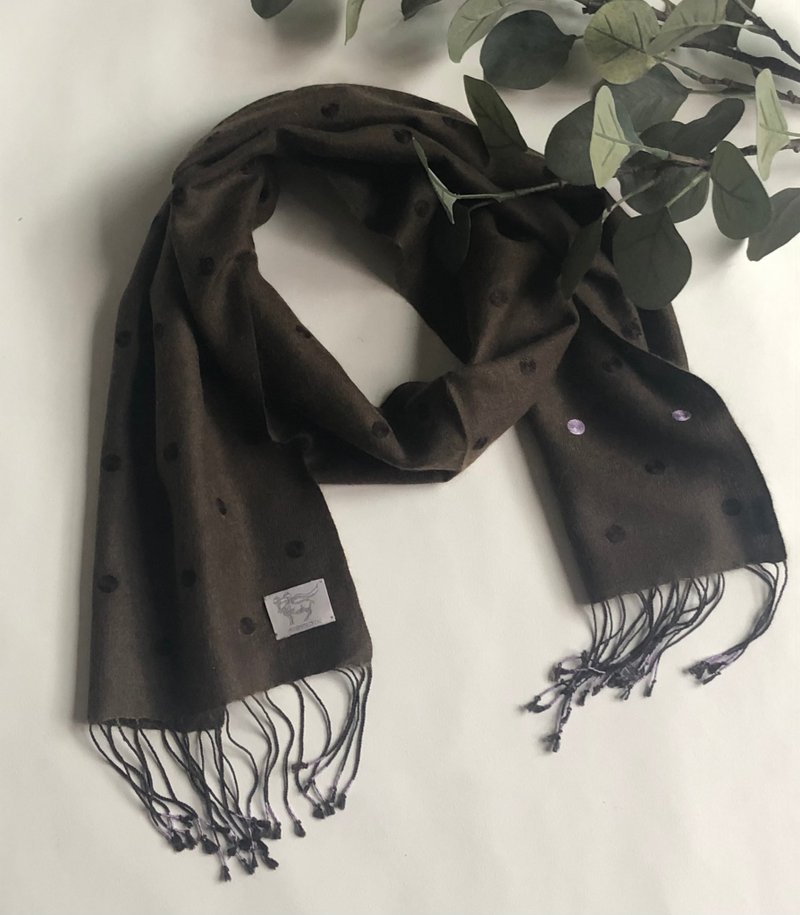 手織り手刺繍　カシミヤシルク　チビマフラー - 絲巾 - 羊毛 咖啡色