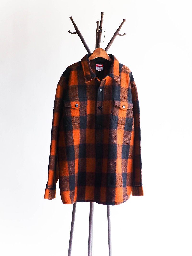 River Hill - Autumn leaves subtilis Cheng Orange Navy logbook buckle very solid wool shirt jacket shirt oversize vintage vintage neutral - เสื้อเชิ้ตผู้หญิง - ขนแกะ สีส้ม