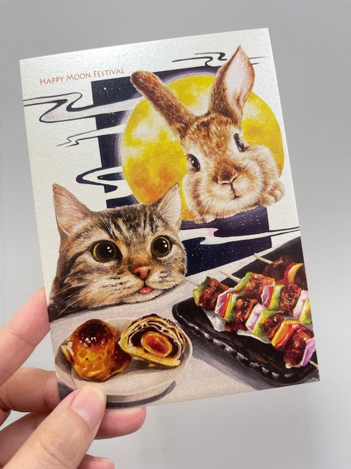偽猫好きシリーズ／猫とウサギの中秋節の祝福ポストカード