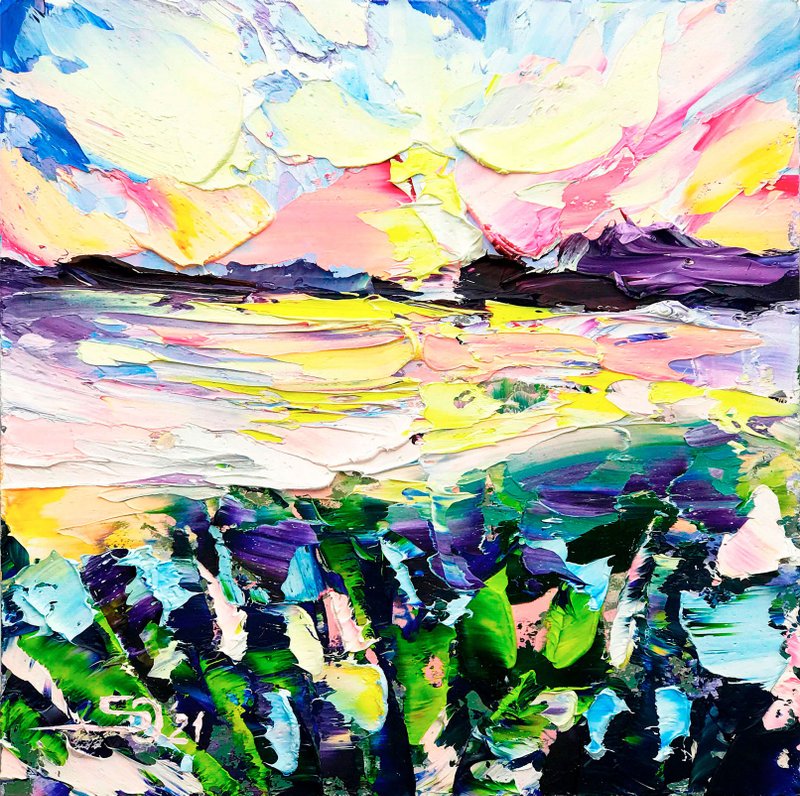 Sunset Painting Oil Original Art Mountain Wall Art Landscape Artwork Taiwan Art - 海報/掛畫/掛布 - 其他材質 多色