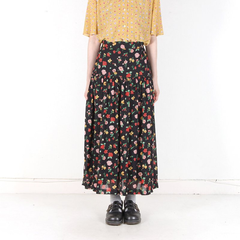 (Eggs and plants vintage) Flower Decorating Printing Ancient dress - Skirts - Polyester Black