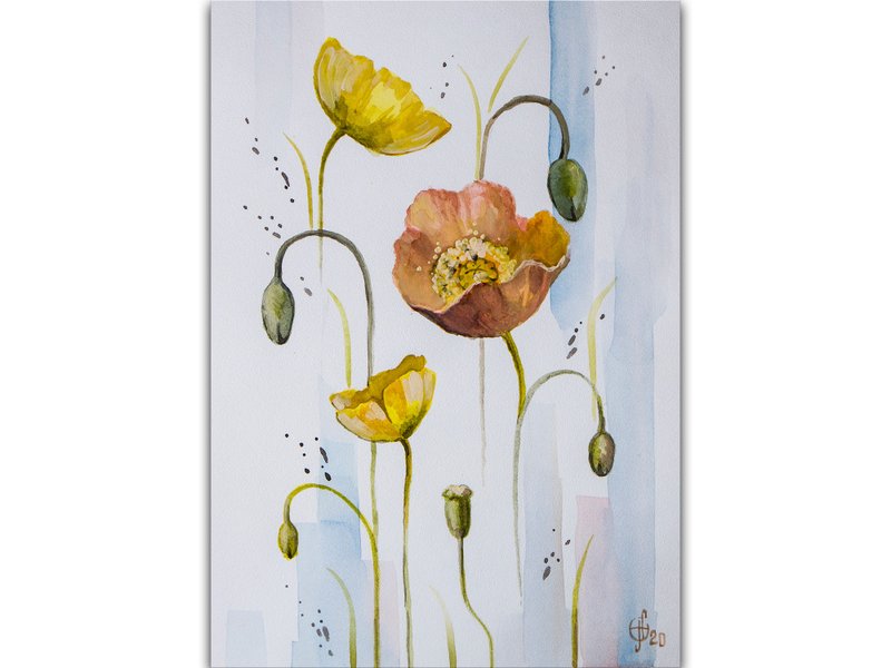 Poppy Painting Flower Original Art Minimalist Floral Watercolor Hand-Painted - 海報/掛畫/掛布 - 紙 橘色