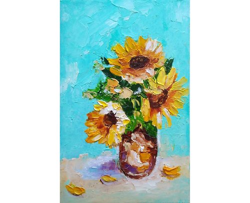 ColoredCatsArt Sunflowers Painting, Floral Bouquet Original Wall Art, Small Flower Artwork