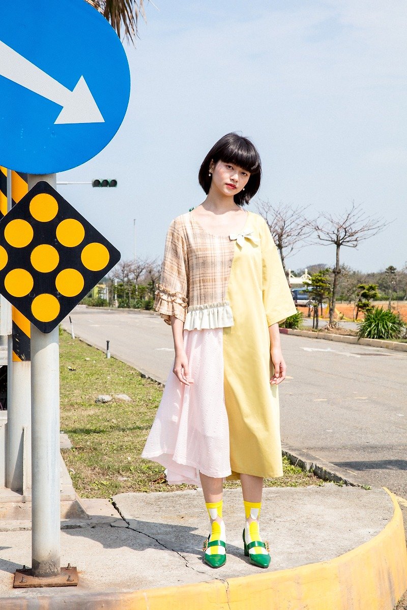 moi non plus mustard yellow patchwork dress-Italian / Japanese fabric - One Piece Dresses - Cotton & Hemp Yellow