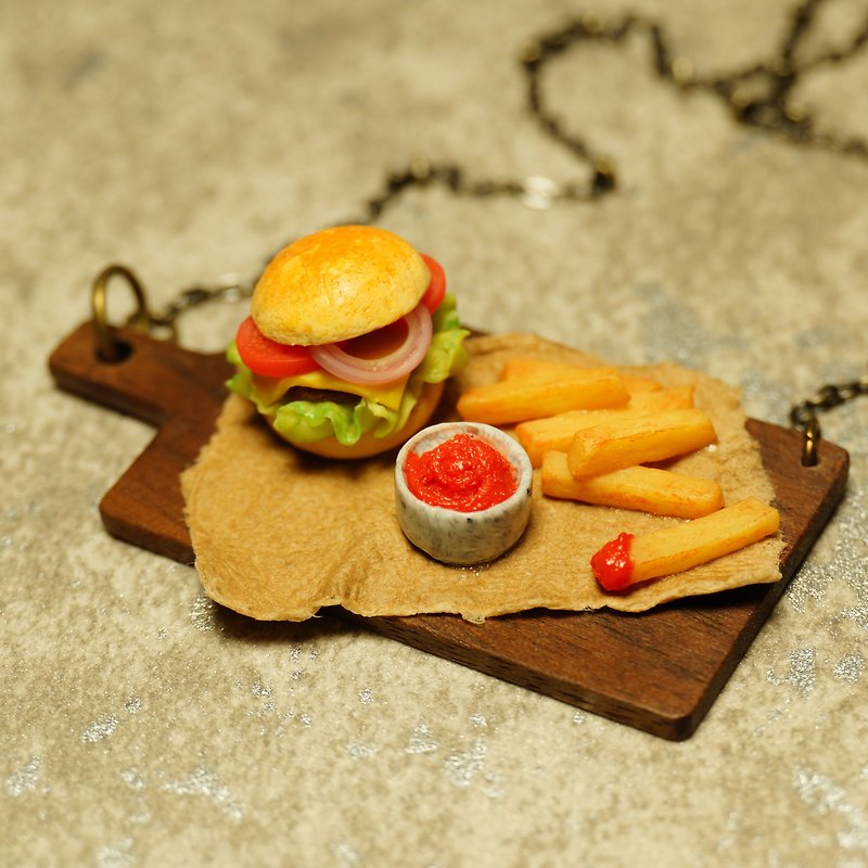 Hamburger French fries necklace・Handmade soft clay - Necklaces - Clay Brown