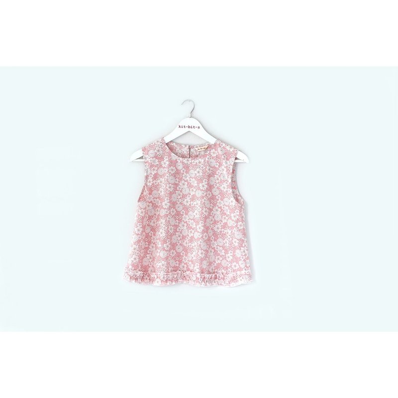 Pink sleeveless shirt with ruffles at the bottom of the shirt, small flower lover pattern - Women's Tops - Cotton & Hemp Pink