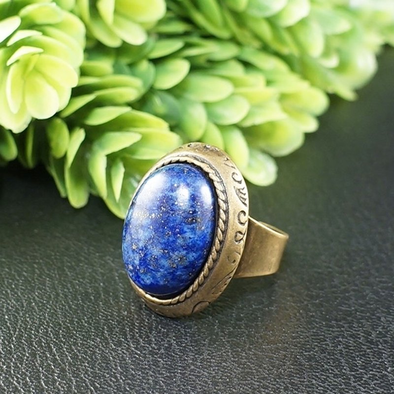 Lapis Lazuli Adjustable Ring Ultramarine Blue Lazurite Oval Brass Ring Jewelry - แหวนทั่วไป - เครื่องประดับพลอย สีน้ำเงิน