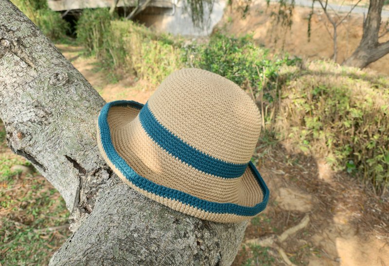 Hand-woven hat / wide brim fisherman hat / malachite green stripes X deep Khaki - Hats & Caps - Cotton & Hemp Khaki