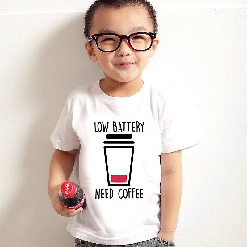 LOW BATTERY NEED COFFEE 兒童短袖T恤 白色 咖啡 文青 文創 【現貨】童裝嬰幼兒 110cm~150cm - 其他 - 棉．麻 白色