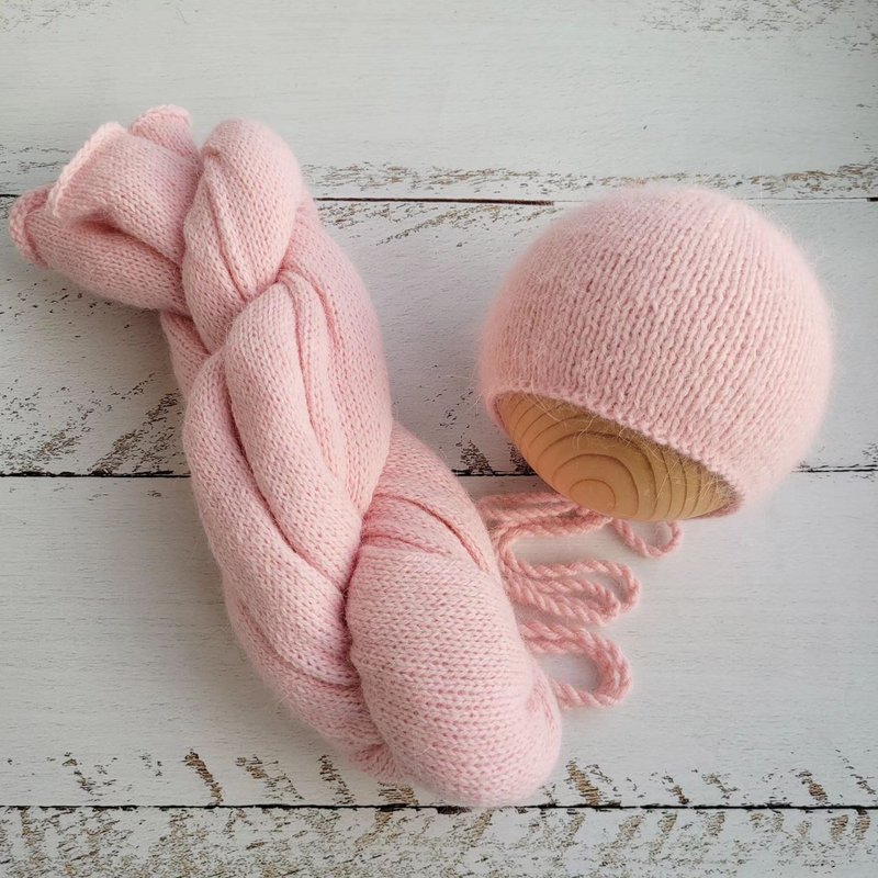 Pink Fluffy Newborn Hat with Wrap, Knitted Photo Props - Baby Accessories - Wool Pink