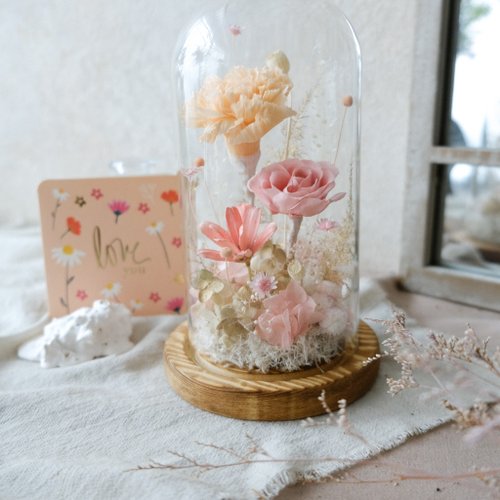 花敢森活不凋花、 永生花、乾燥花、人造花設計 玻璃鐘罩/橘色/不凋花/永生花/乾燥花/康乃馨/母親節/禮物