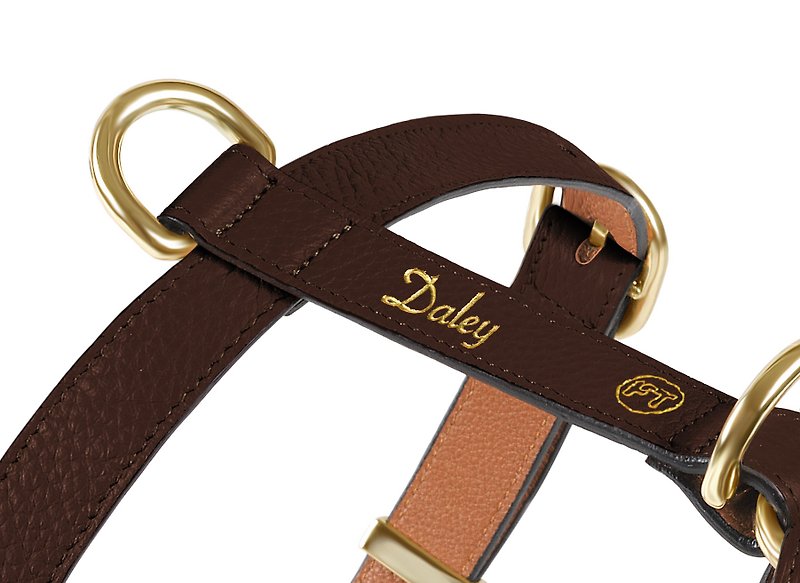 Furri Tail Handcraft Engraved Leather Dog Harness - Cognac - Collars & Leashes - Genuine Leather Brown