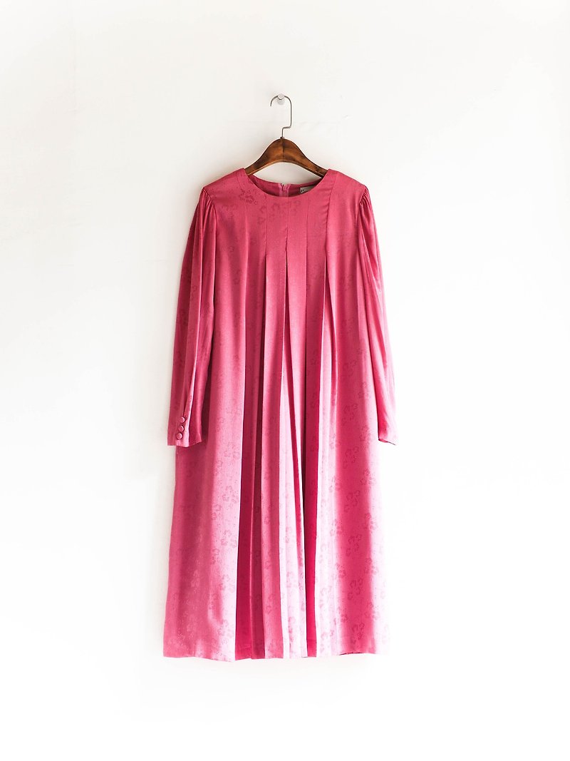 河水山 - 福島嫩粉莓果折紋少女 古董連身絲質長裙洋裝 - 洋裝/連身裙 - 聚酯纖維 粉紅色